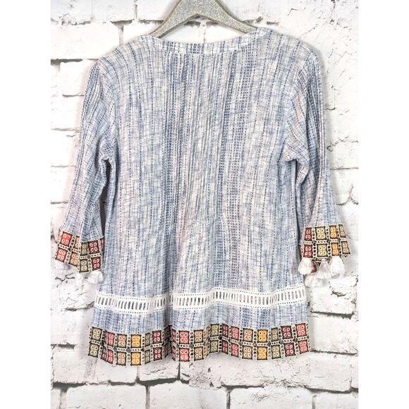 JOHN MARK Embroidered Tasseled "Granny Square" Tunic Boho Cottage Artsy Medium - Picture 6 of 9